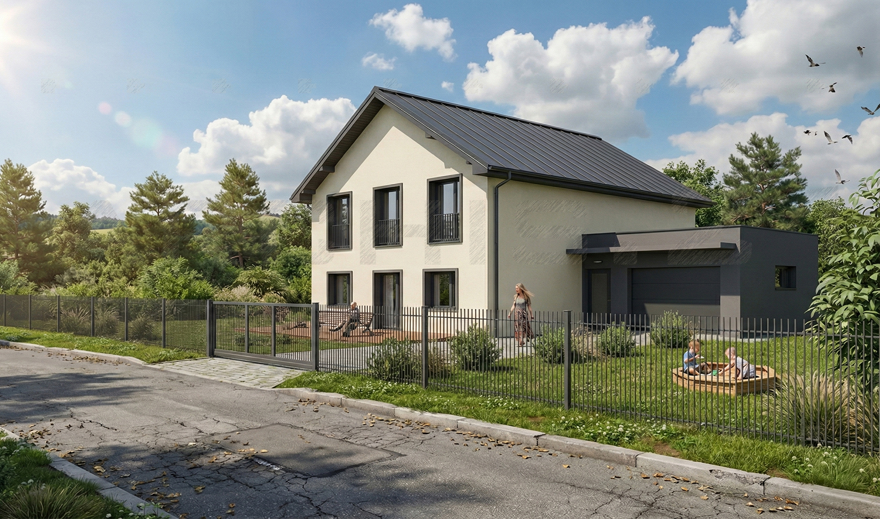 Exteriér rodinného domu v Chýni – moderní architektura s bazénem