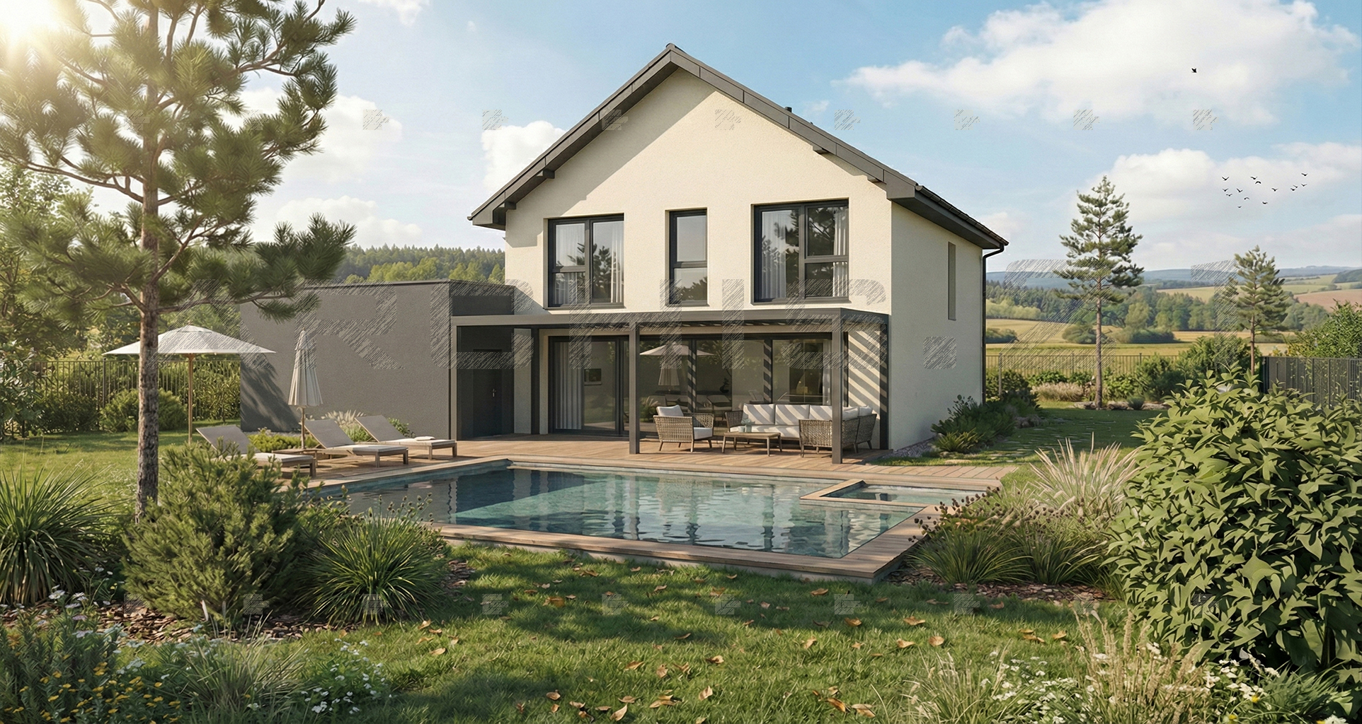 Pohled na minimalistický dům v Chýni se sedlovou střechou a garáží